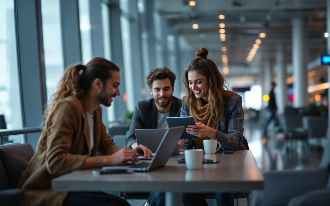 Équipe SaaS en déplacement dans un aéroport international, autour de laptops ouverts et d’une tablette, ambiance professionnelle et travail collaboratif.