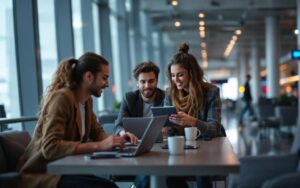 Équipe SaaS en déplacement dans un aéroport international, autour de laptops ouverts et d’une tablette, ambiance professionnelle et travail collaboratif.