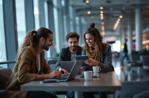 Équipe SaaS en déplacement dans un aéroport international, autour de laptops ouverts et d’une tablette, ambiance professionnelle et travail collaboratif.