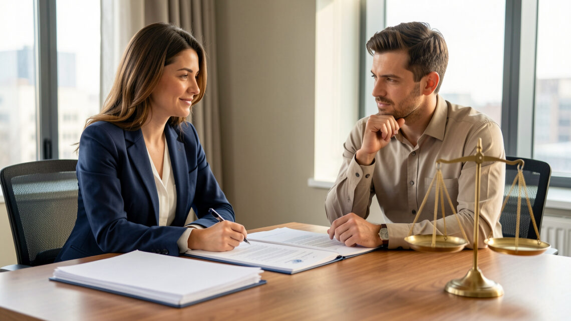 Une femme et un homme discutent sereinement d’un ajustement tarifaire autour de dossiers contractuels vierges et d’une balance symbolisant l’équilibre commercial.