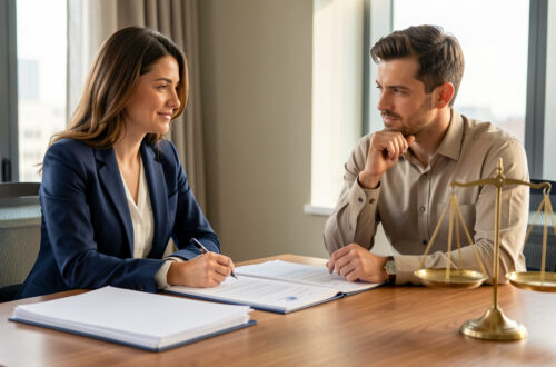 Une femme et un homme discutent sereinement d’un ajustement tarifaire autour de dossiers contractuels vierges et d’une balance symbolisant l’équilibre commercial.
