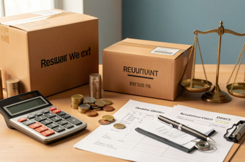 Composition réaliste montrant une calculatrice, des colis d’expédition, un paquet retour, des pièces et une balance symbolisant le calcul de la rentabilité e-commerce après livraison et retours.