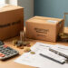 Composition réaliste montrant une calculatrice, des colis d’expédition, un paquet retour, des pièces et une balance symbolisant le calcul de la rentabilité e-commerce après livraison et retours.