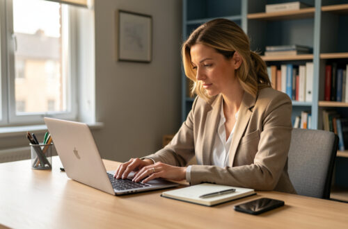 Une consultante organise sa routine quotidienne de prospection dans un bureau de conseil, avec un ordinateur portable, un carnet et un smartphone.