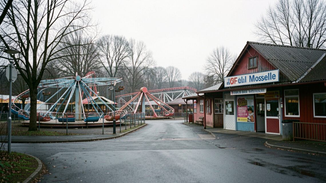 Vue réaliste d’un parc de loisirs familial fermé en hiver en Moselle, avec des manèges immobiles et une entrée déserte dans une ambiance sobre et économique.