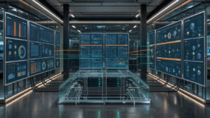 Centre de supervision moderne présentant une plateforme informatique centrale reliée à plusieurs interfaces abstraites de suivi et de déploiement.